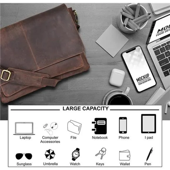 Leather Messenger Bag for Men & Women - Briefcase Bag Adjustable Shoulder Strap